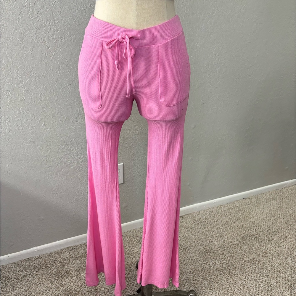 Women’s Pink Knit Drawstring Flared Pants with Front Pockets